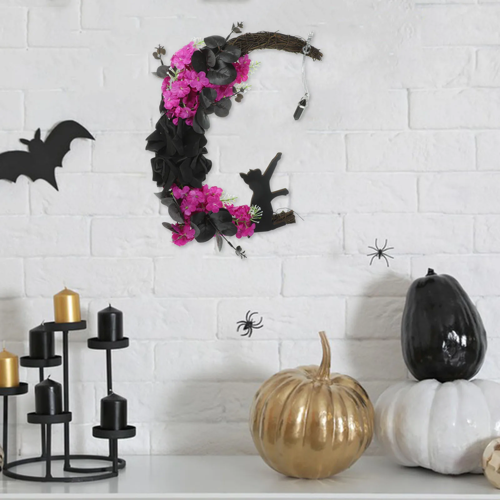 

Moon Cat Halloween Door Hanging Wreath Floral Design for Front Door Wall Window Halloween Party Favor Hanging Wreath