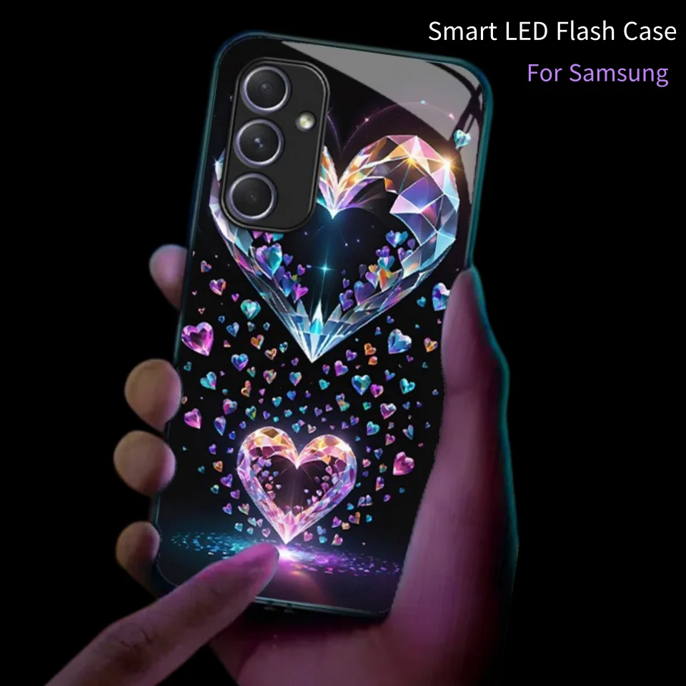 Crystal Heart Cool Glow Phone Case For Samsung Galaxy S25 S26 Ultra S24 S23 Plus S22 S21 LED Light Luminous Glass Protect Cover