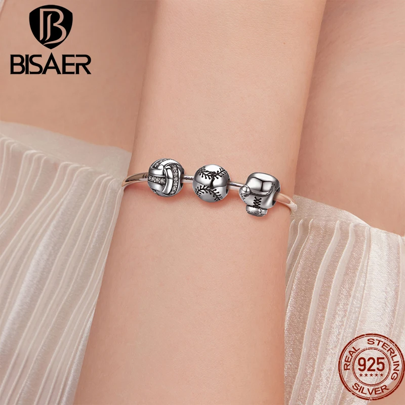 BISAER-Colgante de Plata de Ley 925 para pulsera, abalorio de la serie de bolas, fútbol, voleibol, tenis, baloncesto, Dumbbel, joyería fina DIY