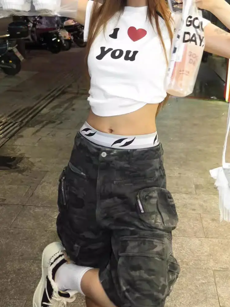 อเมริกันวินเทจฮิปฮอปล้างกางเกงคาร์โก้หญิงฤดูร้อน Hottie หลายกระเป๋ากางเกงครอปเกาหลีแฟชั่นการออกแบบสบายๆกางเกงใหม่