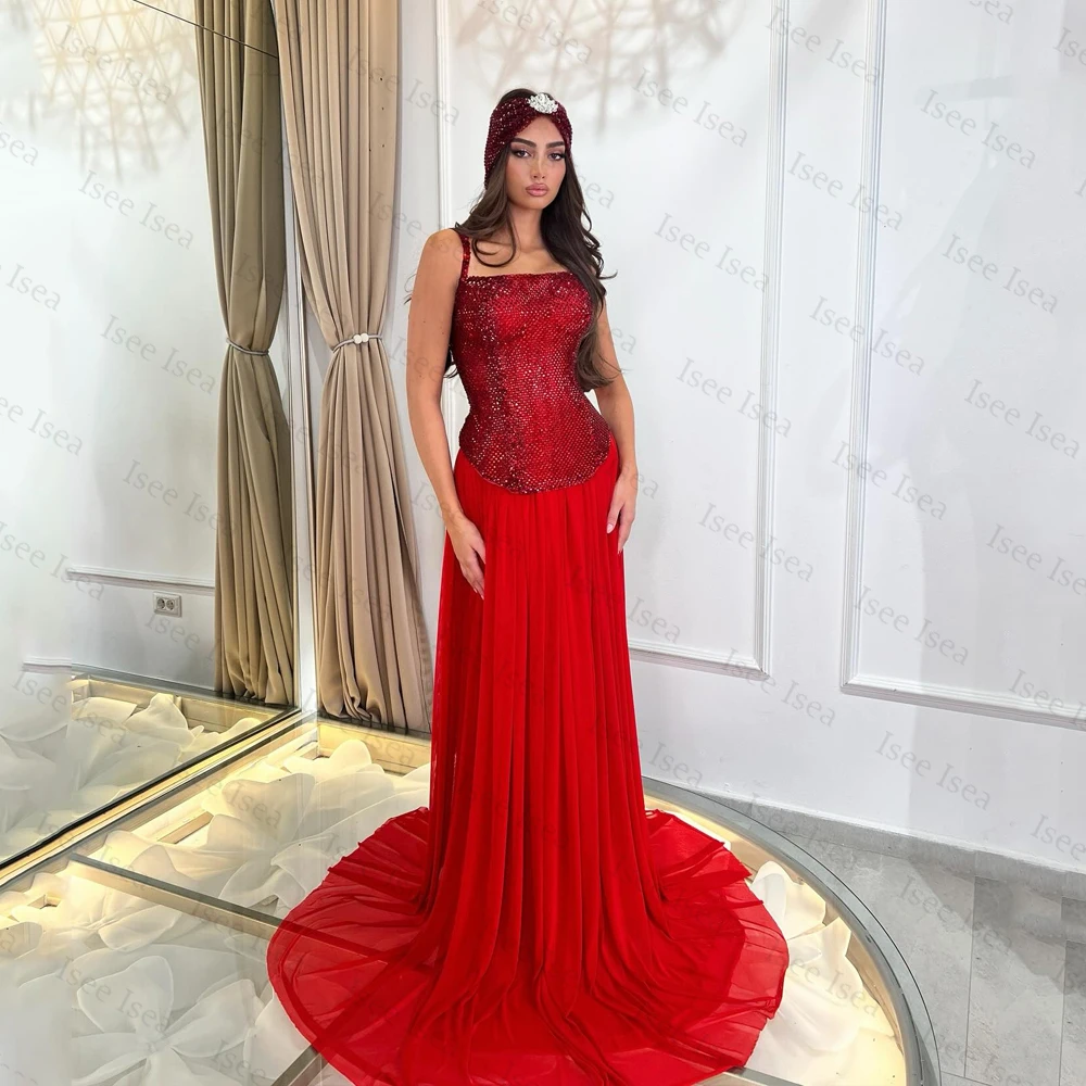 Robes de soirée rouge brillant dubaï a-ligne en mousseline de soie cristal a-ligne robes de soirée فستان وعmaverapersonnalisé