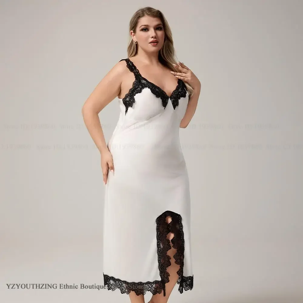 

Большой размер, женская длинная ночная рубашка, нижнее белье на подтяжках, ночная рубашка, сексуальная черная одежда для сна с кружевной отделкой, домашнее платье, свободная ночная рубашка из ледяного шелка