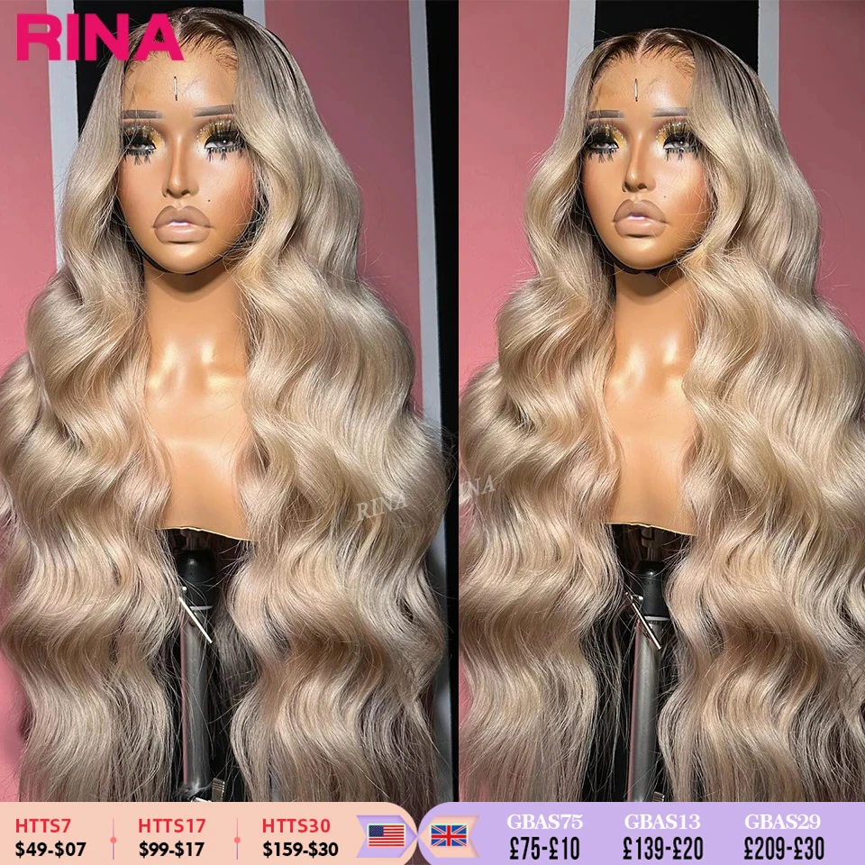 13x6 Ombre Blonde With Root Цветные парики фронта шнурка для женщин Человеческие волосы Объемная волна Ombre Пепельно-русый парик фронтальной части шнурка