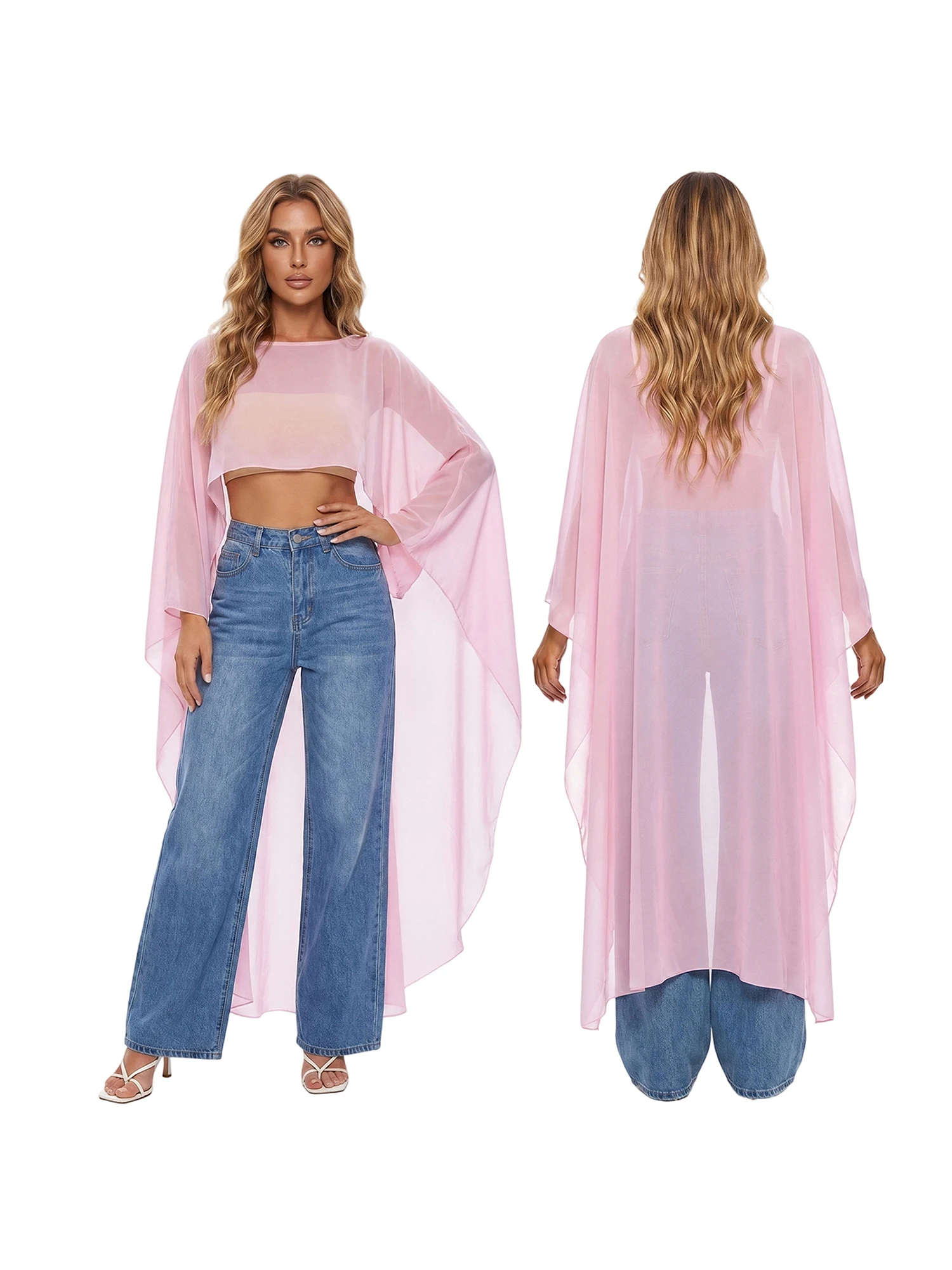 Damen High-Low Chiffon Cape Top Langarm Durchsichtig Asymmetrischer Poncho für Alltag und Abendpartys – Detail 6