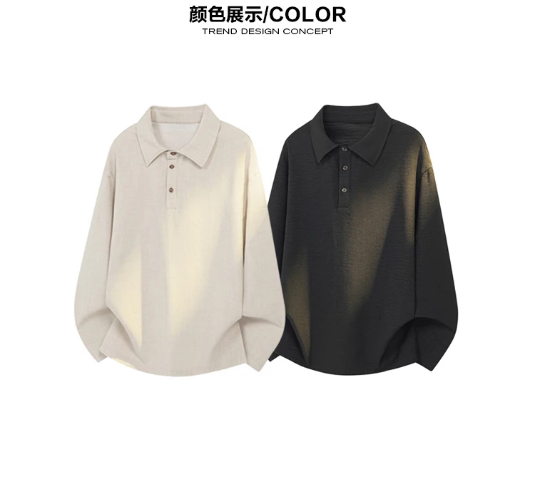 Minimalistisches Streetwear-Langarm-Poloshirt für Herren mit Reverskragen, meliertem Slub-Muster und weichem Material für alltägliche Freizeitaktivitäten. – Detail 4