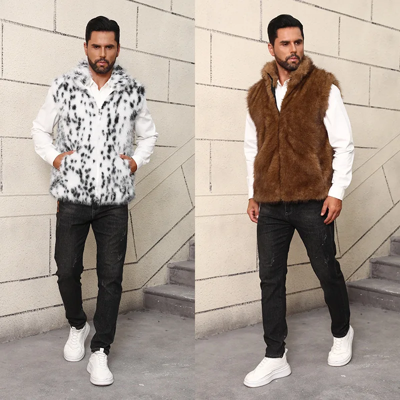 

Fashionable and Casual Stand Up Collar Men's Faux Fur Jacket Top Fur Warm and Cold Coat Vest