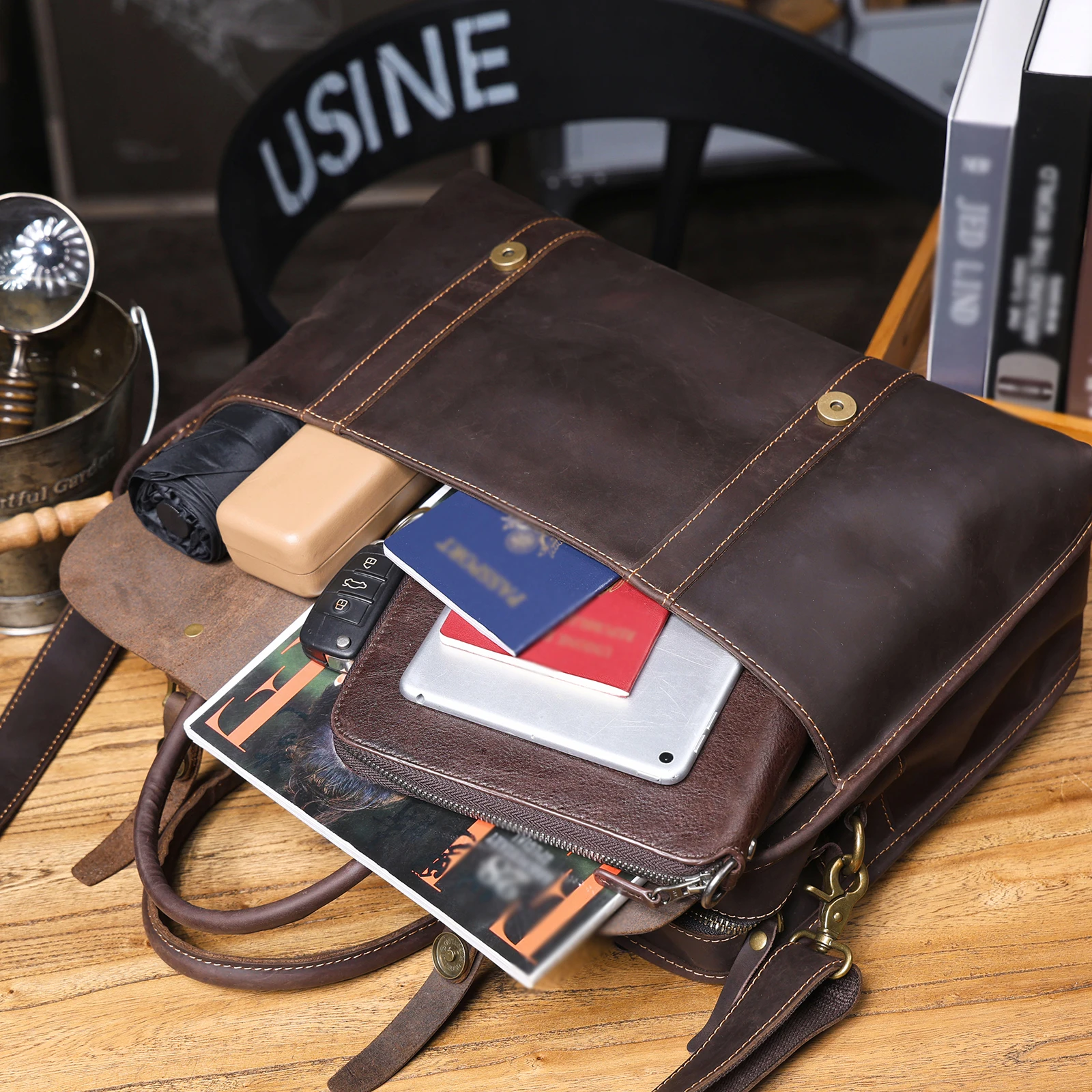 S.WORKER Vintage Echtleder Herren-Aktentasche Laptop-Tasche Crazy Horse Leder Messenger-Handtasche Rindsleder Geschenkidee für Männer – Detail 14