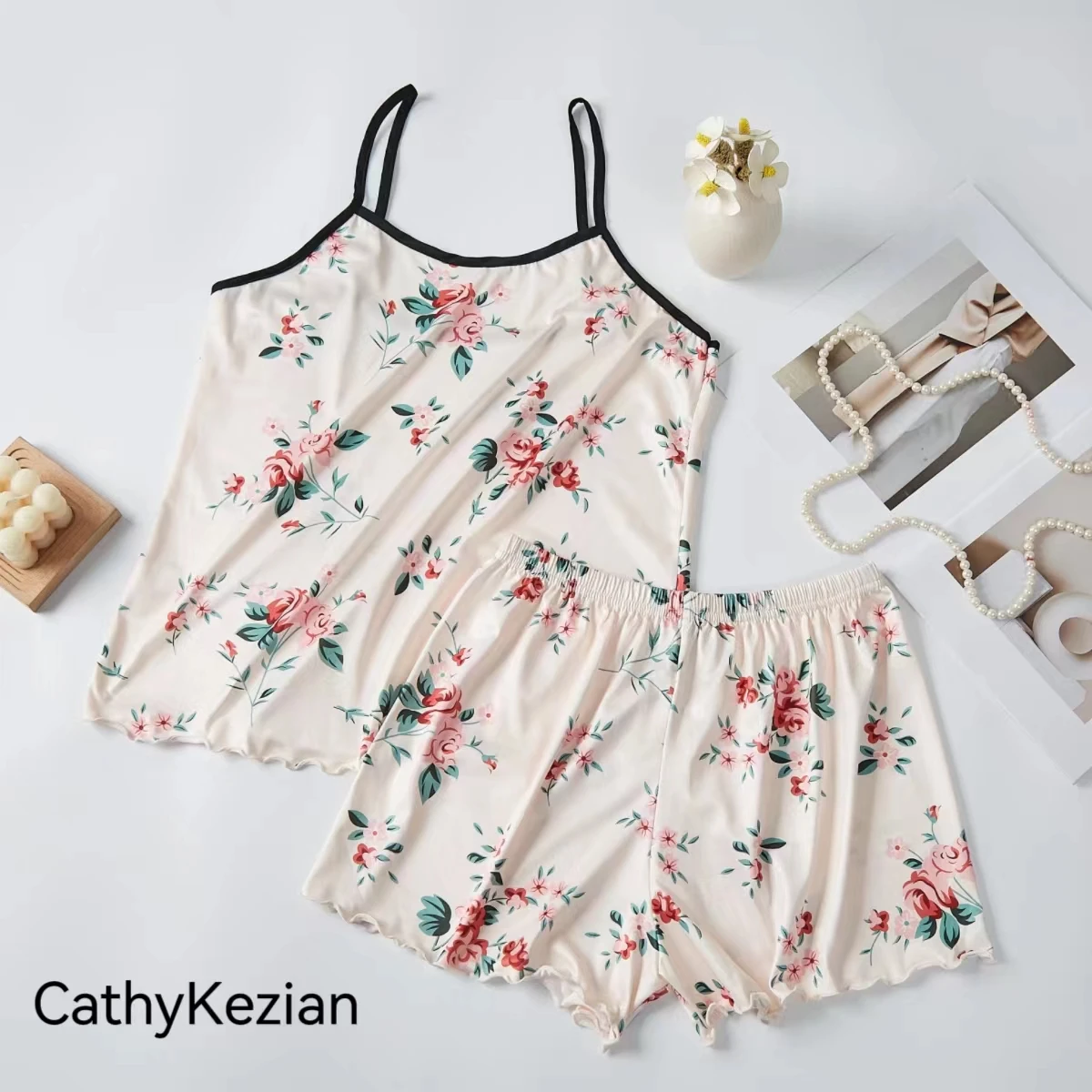 Women Pajamas Sleepwear Pajama Set Nightgowns Camisole And Shorts S M L White Floral Printing Summer Casual Soft Comfortabl