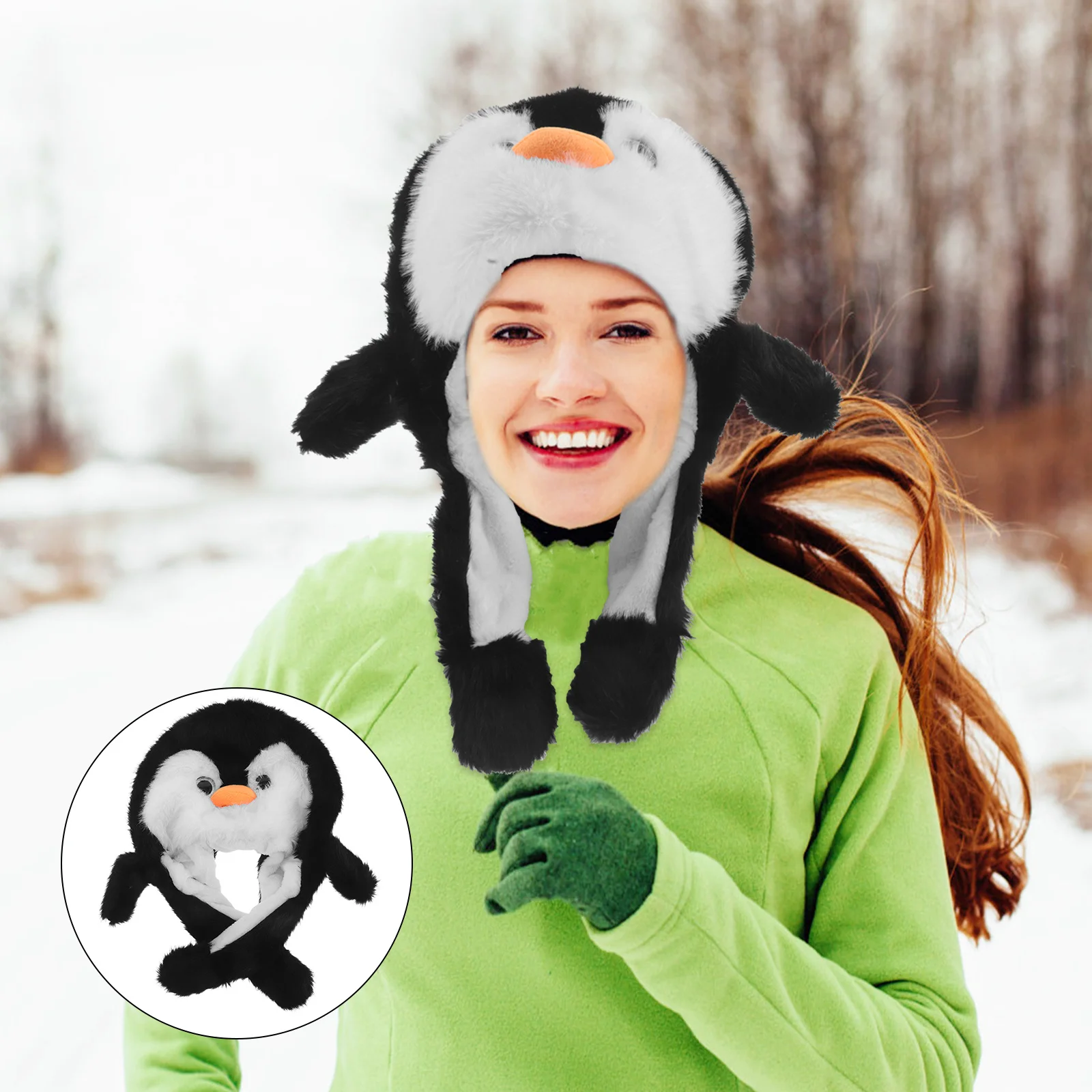 Czapka Pingwin z Ruchomymi Uszami Ciepła Zimowa Czapka Beanie na Zewnątrz Kawaii Czapka z Klapkami na Uszy Czapka Zwierzęca z Ruchomymi Uszami Ocieplacz na Uszy