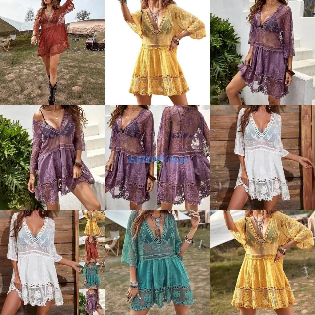 

G6DE Women Clothing Swimsuit Hollow Floral Cover Ups High Split Beach Dress