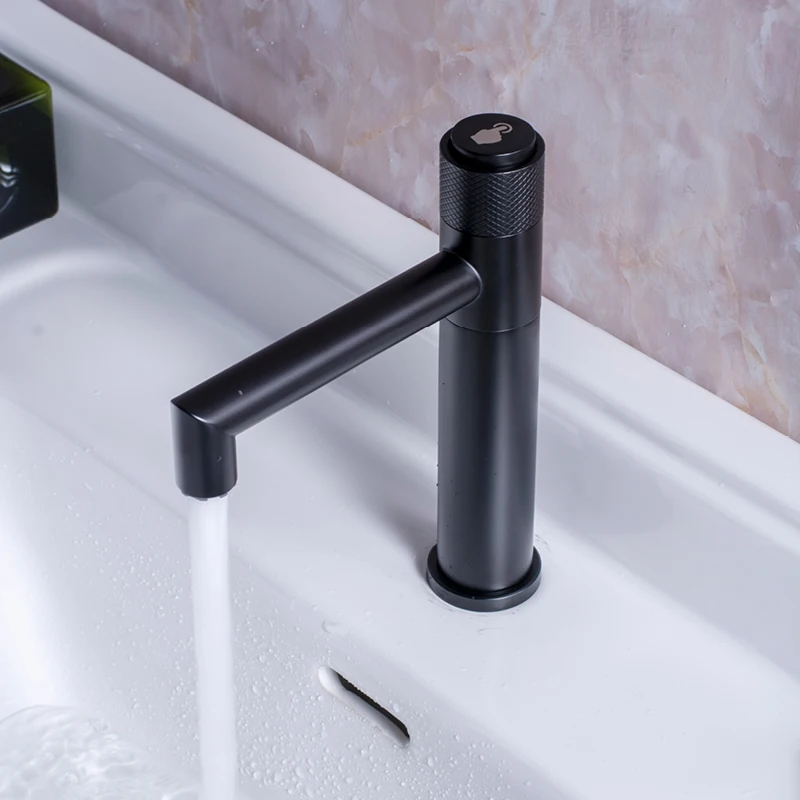 Grifo monomando para lavabo de baño frío, montaje en cubierta, tipo botón de un orificio, giratorio moderno 360 °   Grifo para lavabo de tocador negro