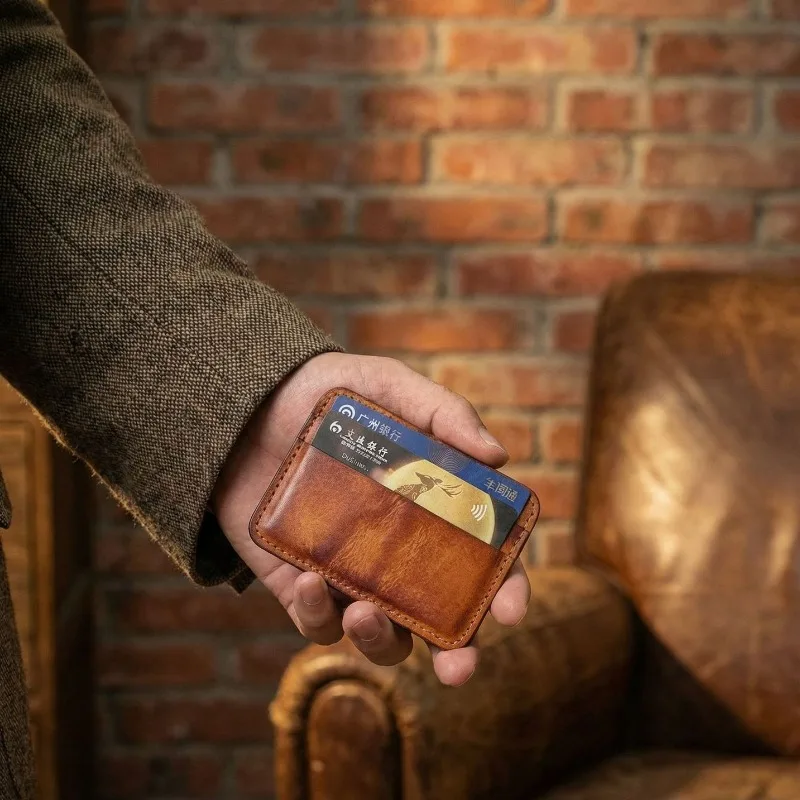 Genuine Leather Slim Card Holder, Vintage Cowhide Minimalist Card Wallet, Thin Front Pocket Card Case for Men & Women