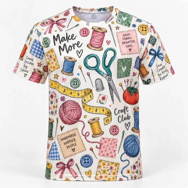 Colorful Doodle Graphic T Shirt Men Women Yoga Camping Sewing Sushi Beach Dog Fruit Frog Baking Short Sleeve Casual Summer Tee