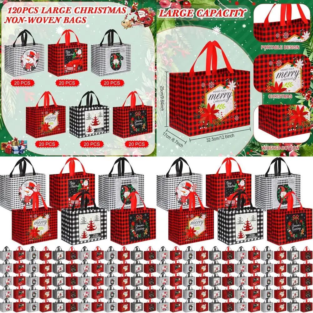 

Bulk 120 Pack Christmas Gift Tote Bags with Handle, Plaid Pattern, 12.8x9.8x6.7 inches