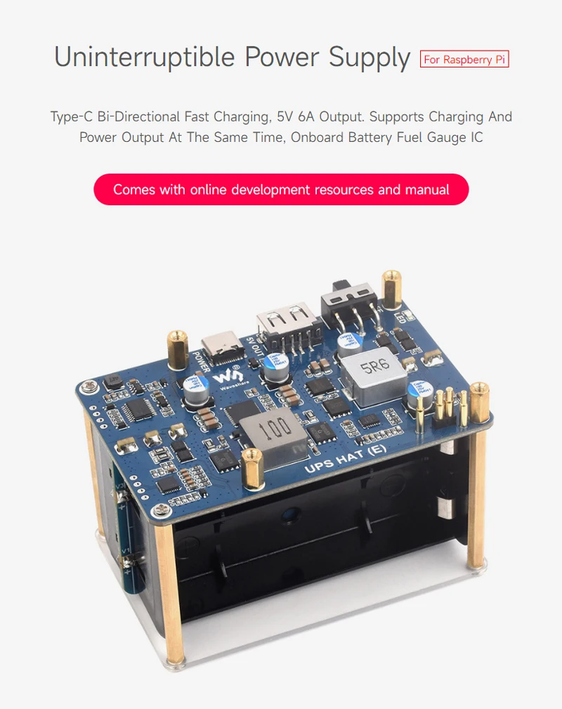 

Raspberry Pi 5 UPS HAT (E) 5V 6A Uninterruptible Power Supply Support 21700-Li-Battery (NOT includ) Pogo Pins Connector
