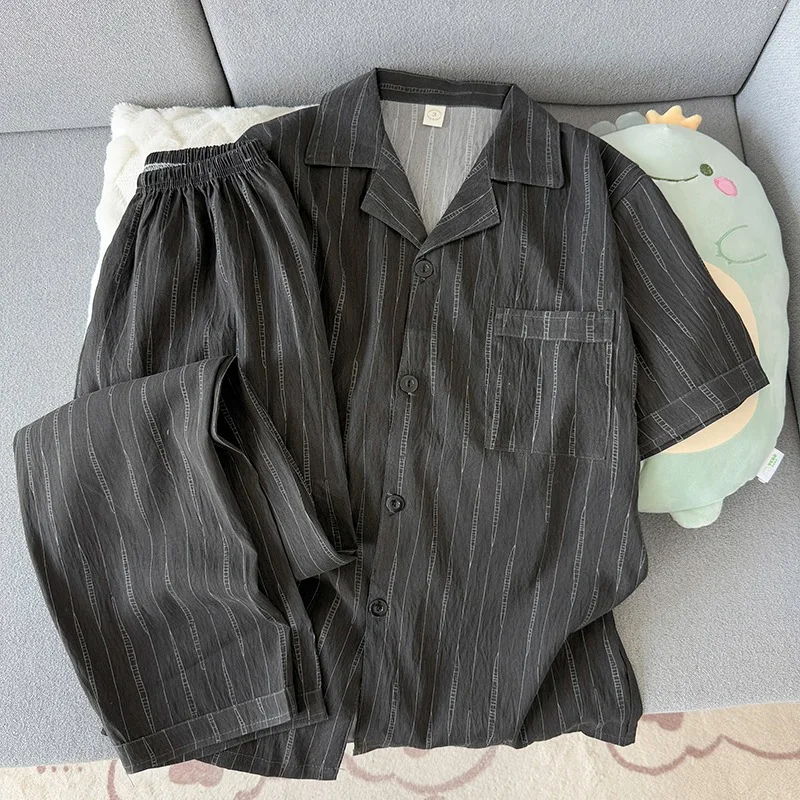 Plus Size Men's Open-Front Short Sleeve Loungewear Suitable for Teenagers School Students Pajamas Four-Season Stripe Sleepwear