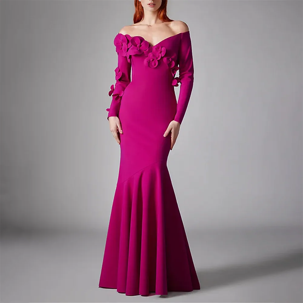 Fuchsia Satin Prom Dresses V Neck Mermaid Birthday Dress For Dubai Luxury 2024 Formal Evening Gowns with Handmand Flowers