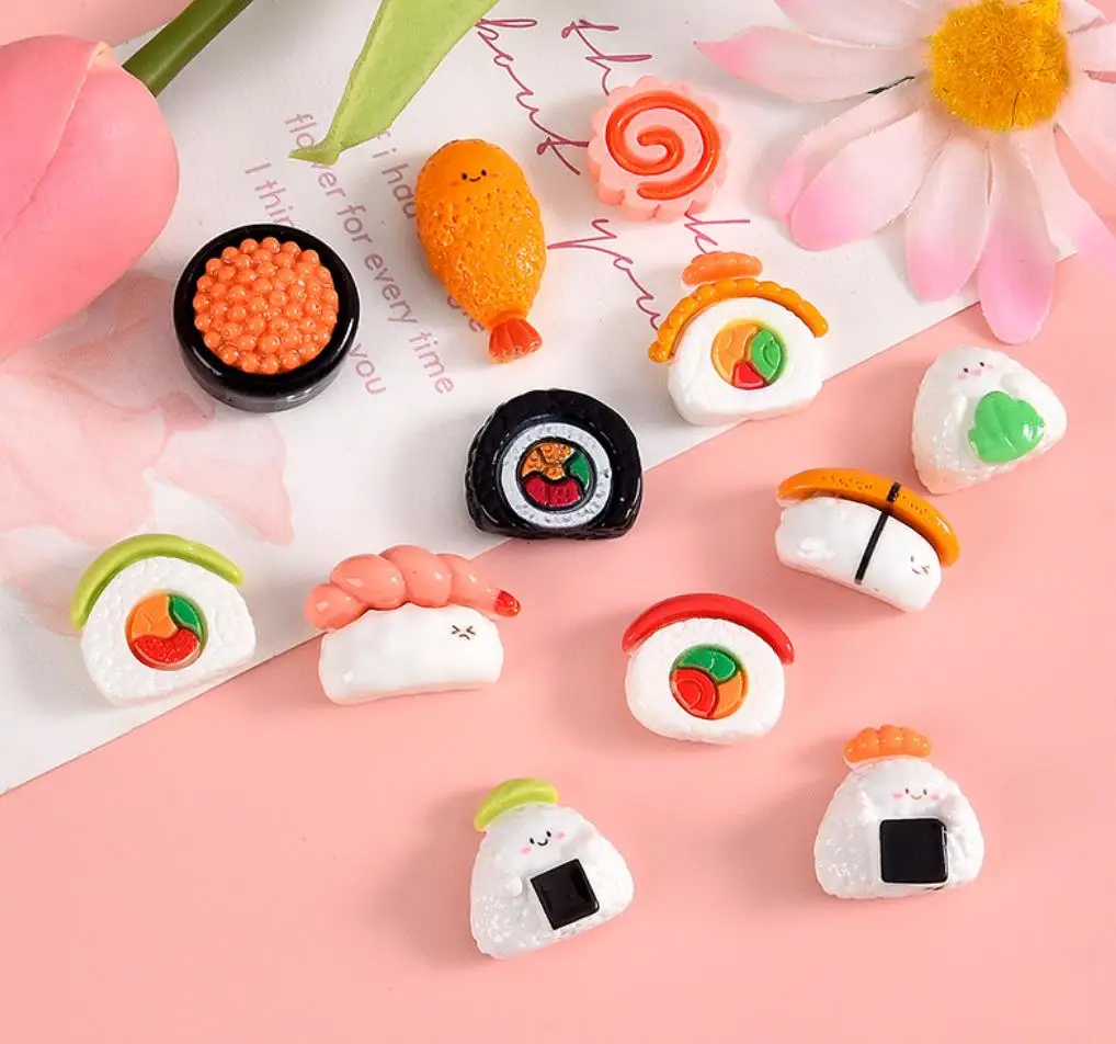 100pcs New Cute Simulation Cartoon Sushi Flat Back Cabochon Scrapbooking DIY Kawaii Dollhouse Kitchen Decoration Accessories