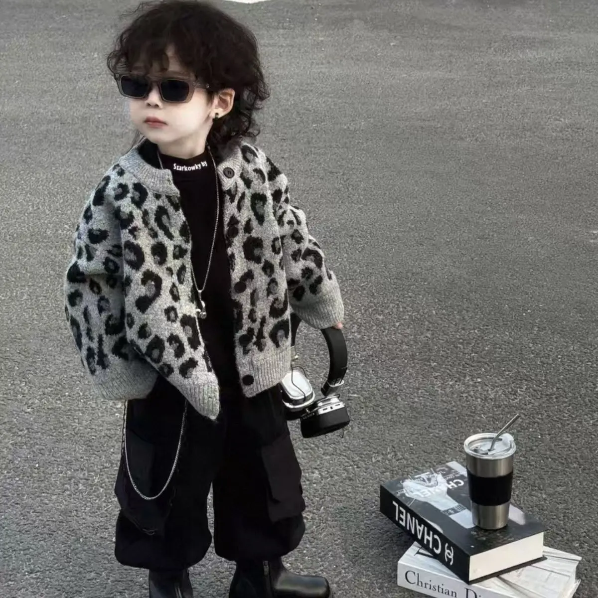 

Boys Autumn Winter Knitted Cardigan 2025 New Korean Fashionable Kids Casual Daily Leopard Single Breasted Long Sleeve Coat