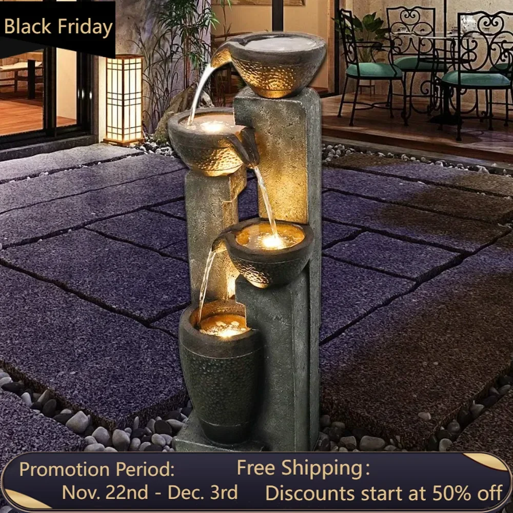 4-story outdoor garden fountain decoration, garden resin fountain, floor terrace, deck, porch, backyard, and home art decoration