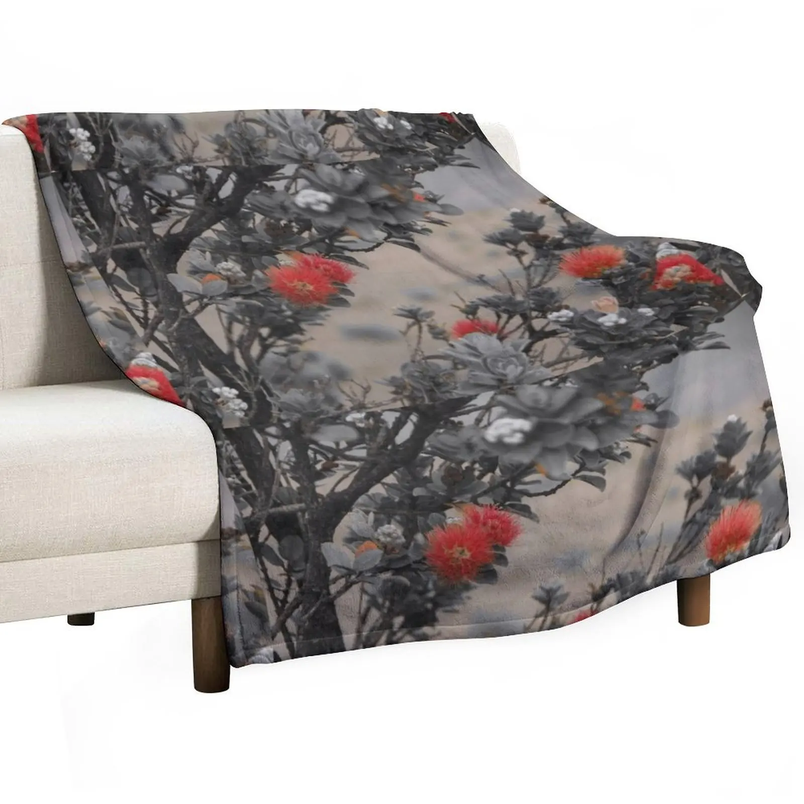 

Black and White Beautiful Red Hawaiian Flower Ohi'a Lehua From Big Island Hawaii Throw Blanket Travel Nap wednesday Blankets