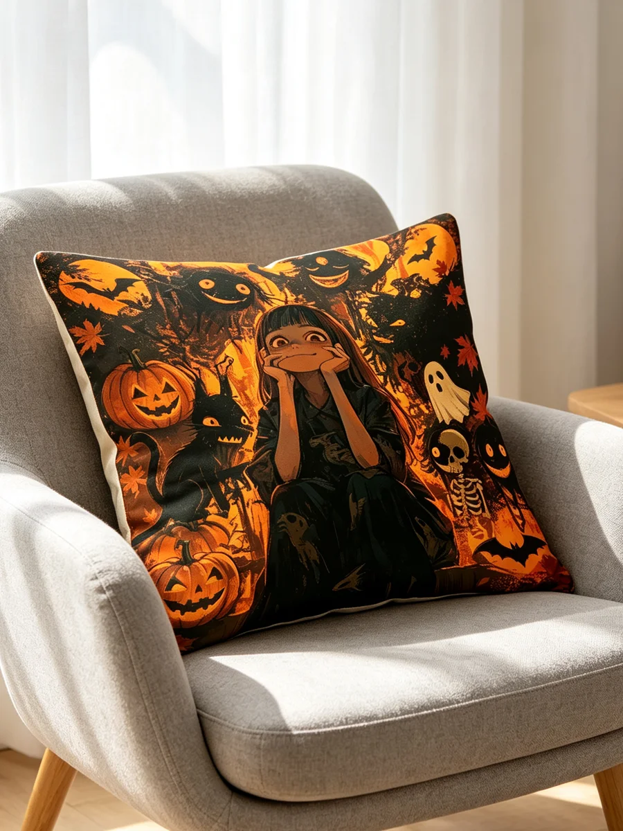 1PC Throw Pillow Cover,Anime Girl Pumpkin Ghost Print,Halloween Holiday Style,For Sofa Couch Indoor Home Decor
