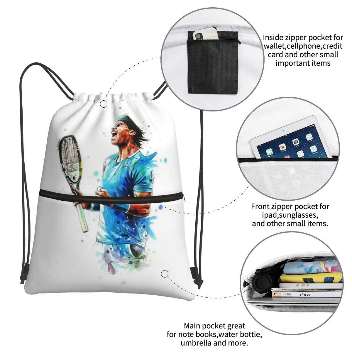 Mochila portátil con cordón para estudiantes de la escuela, bolso informal de almacenamiento con bolsillo, de arte, Rafael Nadal