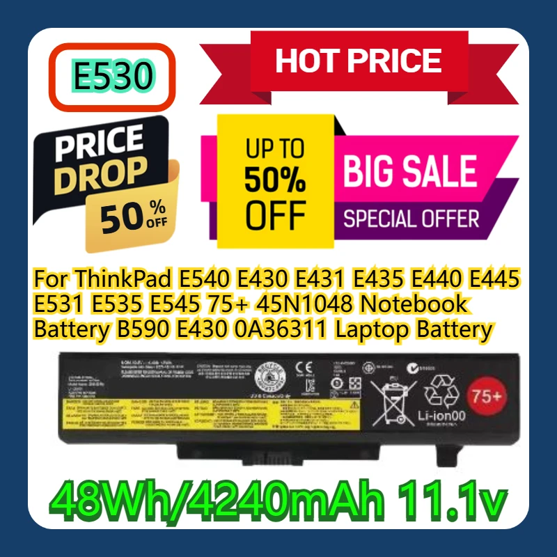 

Для ThinkPad E530 E540 E430 E431 E435 E440 E445 E531 E535 E545 75+ 45N1048 Аккумулятор для ноутбука B590 E430 0A36311 Аккумулятор для ноутбука
