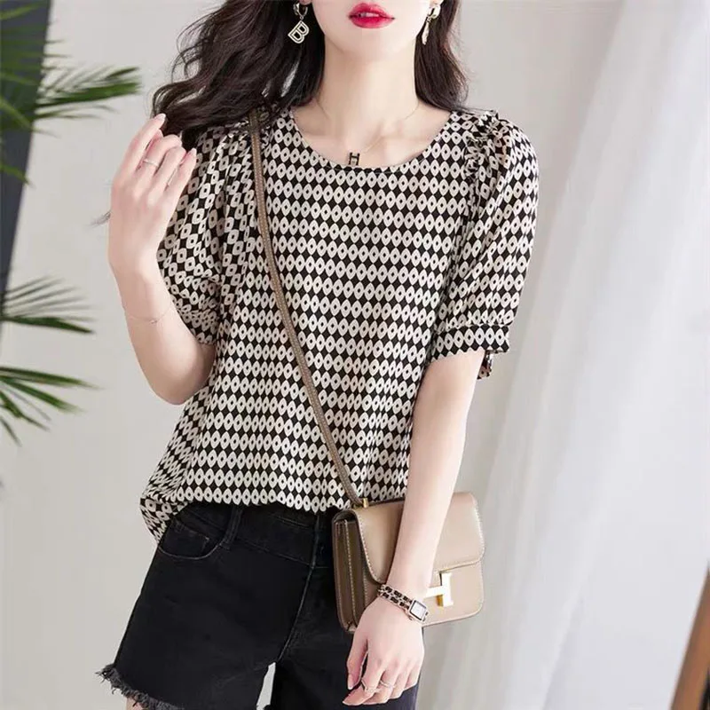 Fashion O-Neck Korean Printed Blouse Women\'s Clothing 2023 Spring New Loose Casual Pullovers All-match Office Lady Shirt