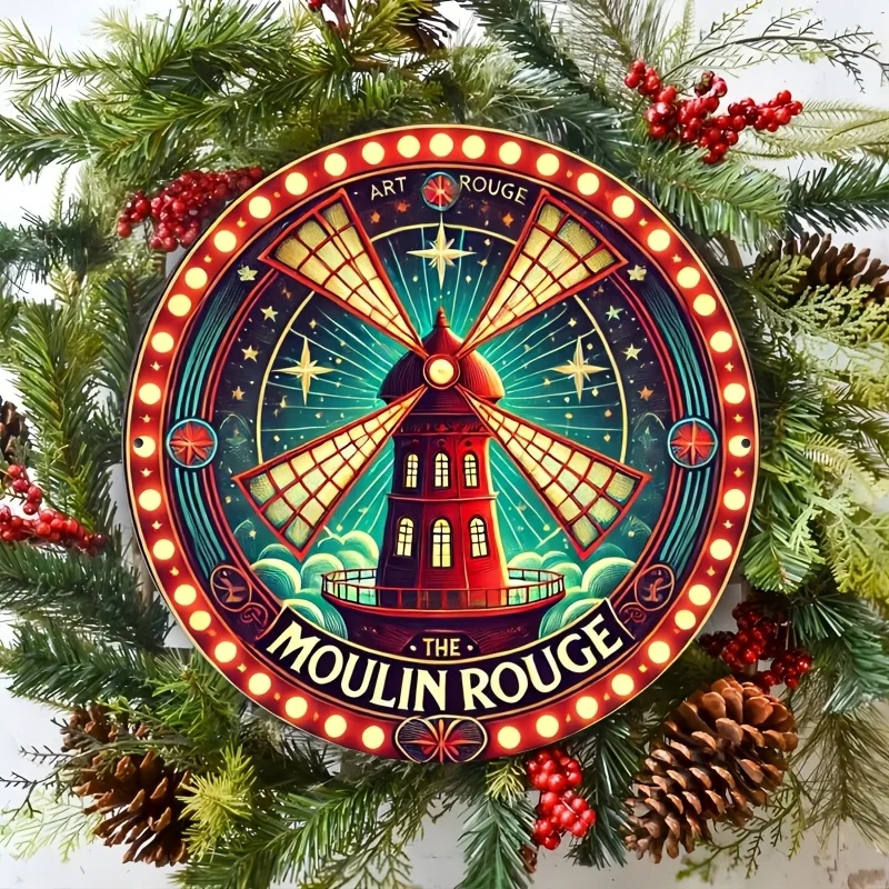 2D Flat - 1pc Moulin Rouge Vintage Metal Wall Art - Glowing Red Windmill Night Light, Round Retro Decor for Home, Garden, Kitche