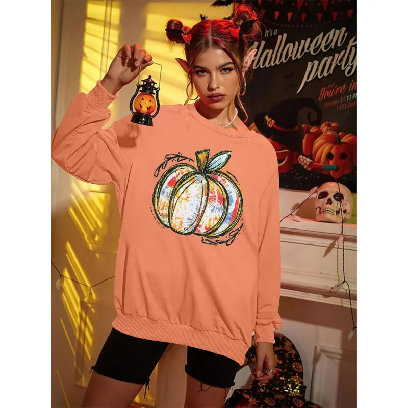 Halloween Pumpkin Sweatshirt Women's Orange Long Sleeve Round Neck Top