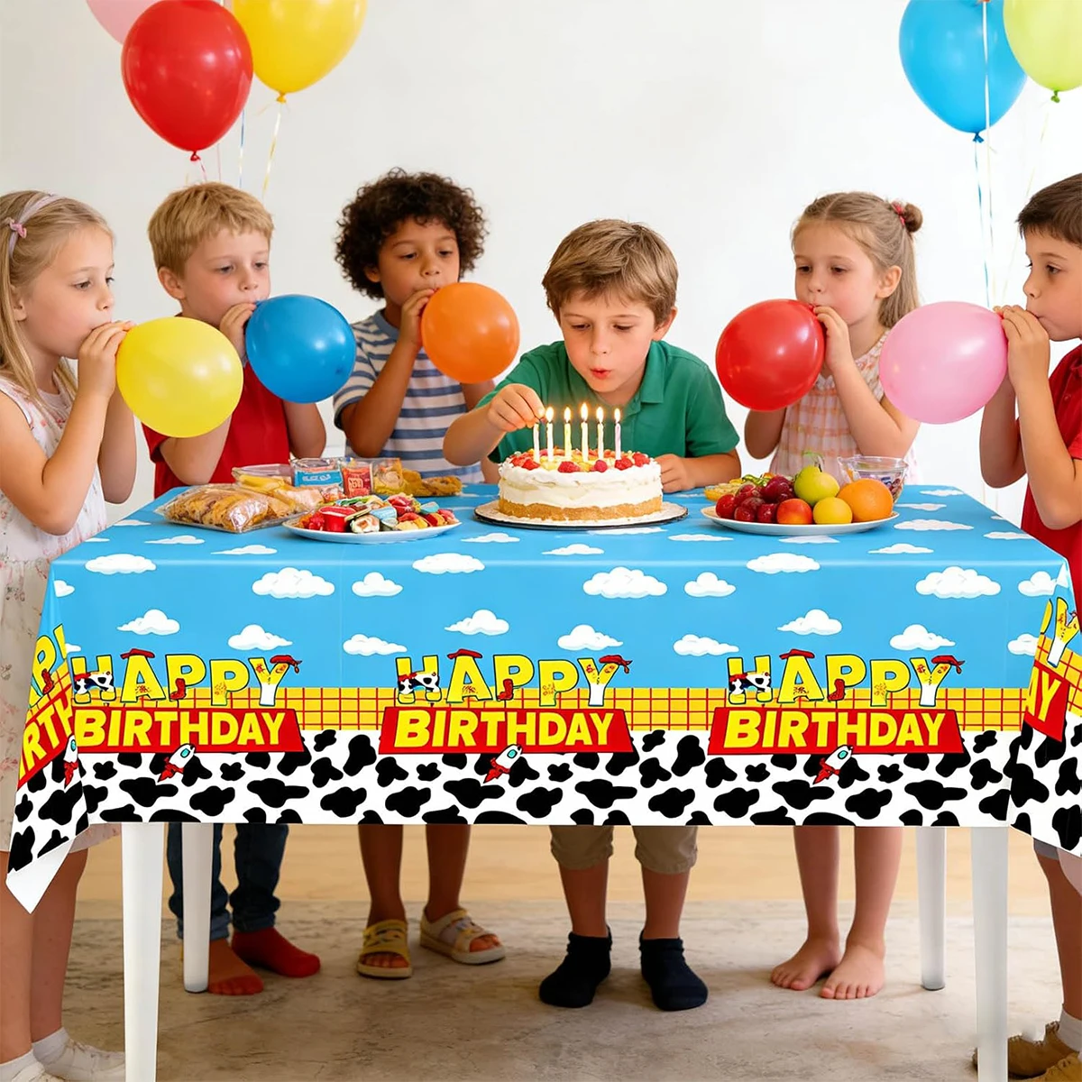 1/3Pcs Toy Themed Cow Cloud Print Disposable Tablecloth Rectangular Table Cover for Shower Birthday Theme Party Decor Supplies