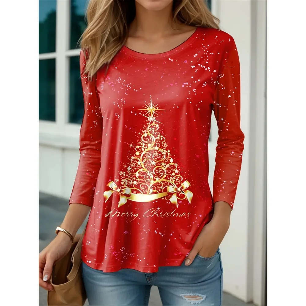 New Women's T shirt 3D Print Christmas Style Graphics Long Sleeve Funny Crew Neck Regular Fit Spring/Fall Thin Style Sweatshirt