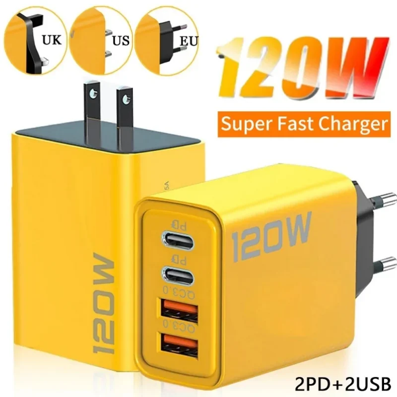 120W USB Charger Type C Fast Charge Power Adapter EU/US/UK Plug For iPhone 17 Xiaomi Redmi Samsung VIVO Multiports Wall Chargers