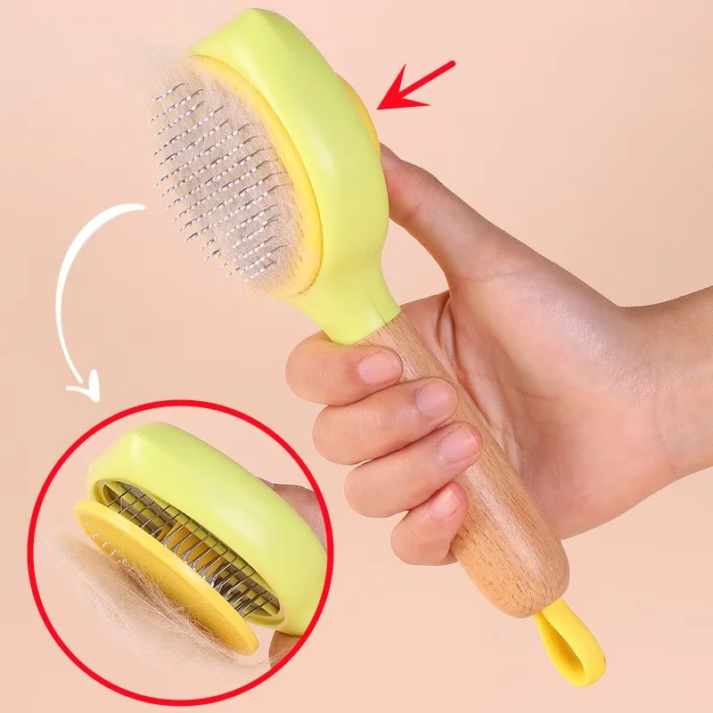 

Dog Comb Pet Hair Remover One Click Dog Brush Massage Dogs Brush Pet Grooming Wooden Handle Combs for Cats Hair Knot Opening