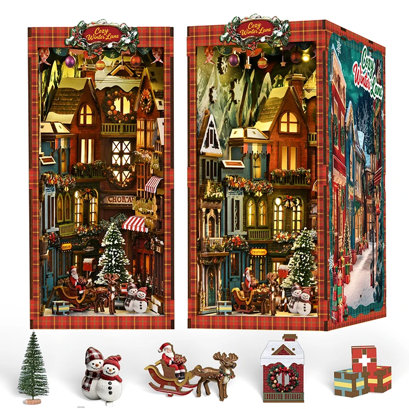 Anpassbares Weihnachts-Buchnischen-Gewächshaus DIY Haus Miniatur-Zubehör 3D Holzpuzzle-Set Vintage Miniatur-Gebäudemodell