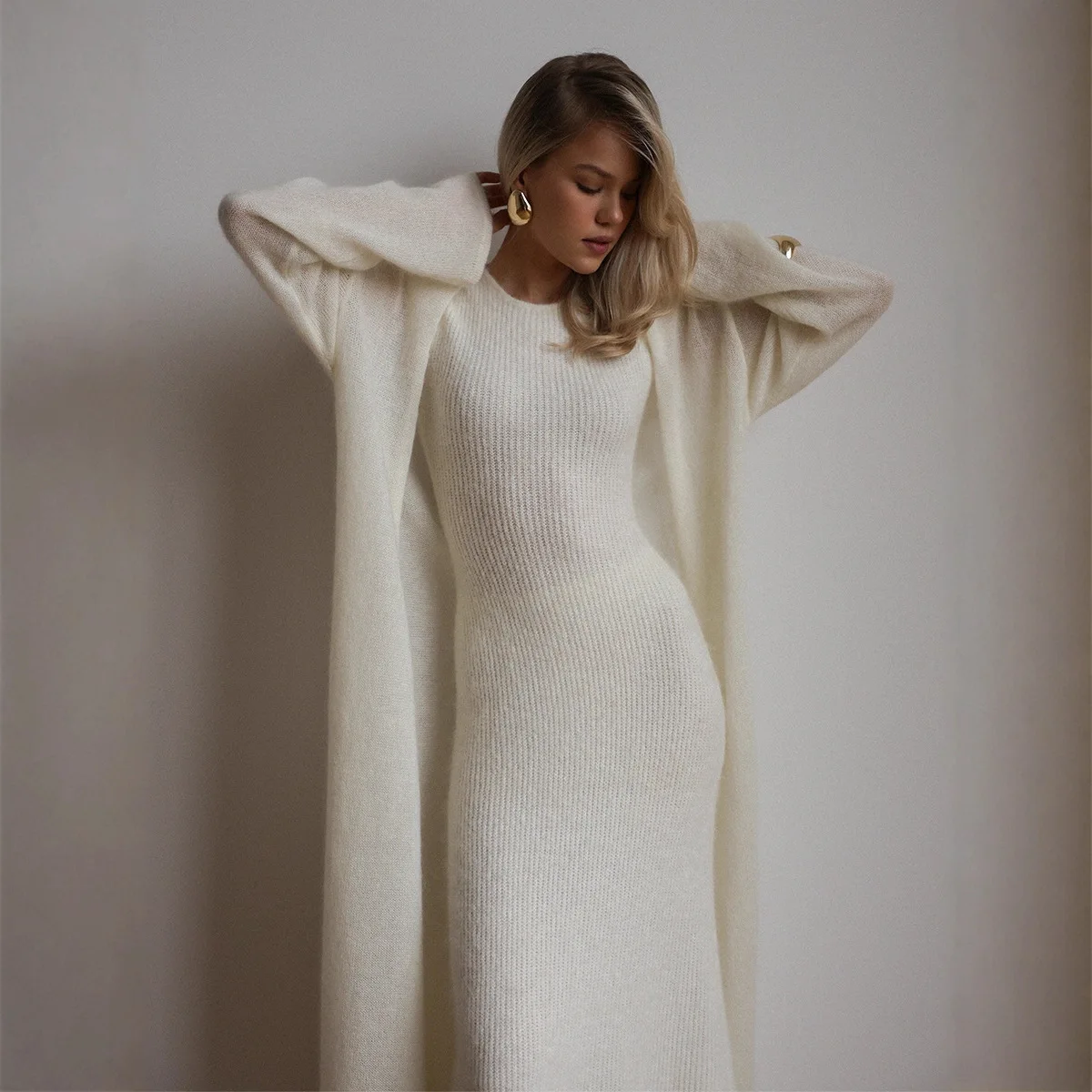 Women Solid Knit Two Piece Outfit Long Open Front Cardigan + Round Neck Sleeveless Maxi Dress Elegant Casual Sweater Set 260701