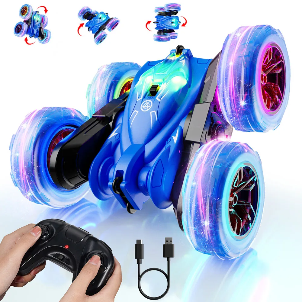 

Rechargeable Remote Control Cars with Colorful Lights 360° Rotating 2.4Ghz 4WD All Terrain RC Stunt Cars for Kids