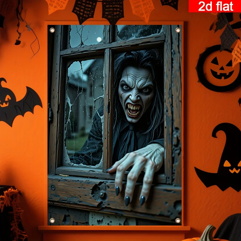 1 Stück Halloween-Fensterdekorationsbanner – Zombie-ähnliches blasses Gesicht und zerbrochener Fenstereffekt – Ghost Party Dekoration Home