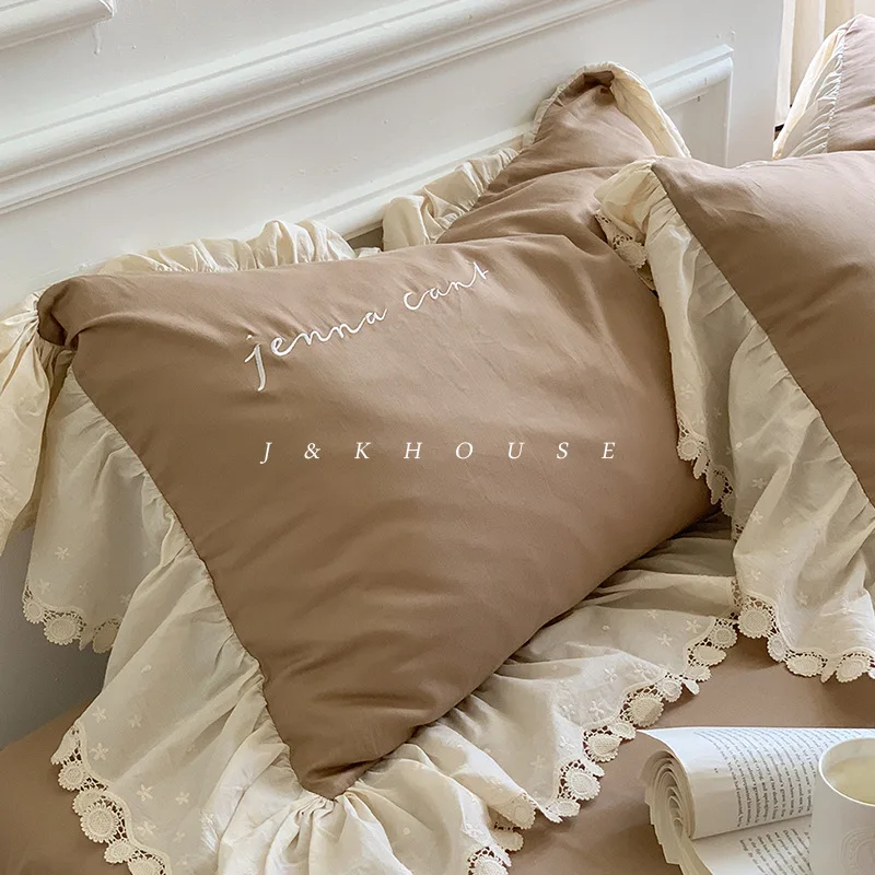 40 Pieces | Four Piece Bed Set Made of All Cotton Washed Cotton, Summer Vintage Lace Bed Sheets and Duvet Covers