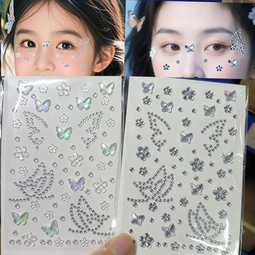 

2Pcs Dazzling Sliver White Butterfly Flower Gem Tattoos Sticker Self Adhesive Diamond Temporary Tattoo for Eye Face Body Jewels