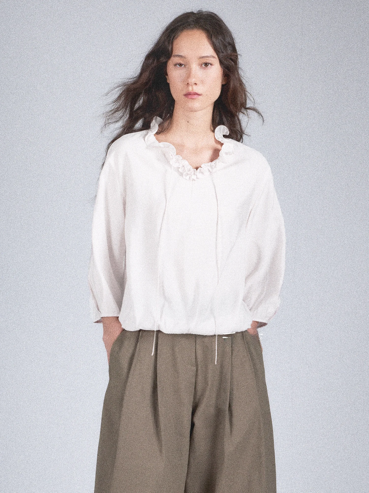 

French Sle Irregular Petal Collar irt Women's Loose Fit Seven Quarter Sve with Belt Detail Regular Thin Pure Color