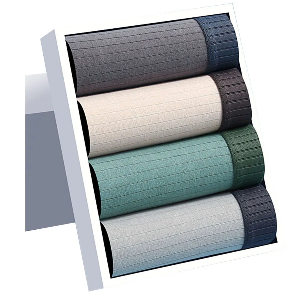 4 Pcs Men Cotton Soft Sexy Lingerie Striped SolidBoxers Stretch Underwear Home Breathable Men's Panties Underpant Men's Clothing