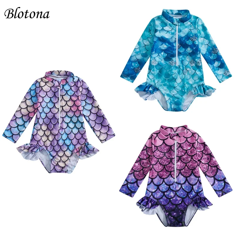 

Blotona купальник для маленьких девочек Rash Guard с принтом рыбьей чешуи на молнии с длинными рукавами и воротником-стойкой, купальный костюм с рюшами
