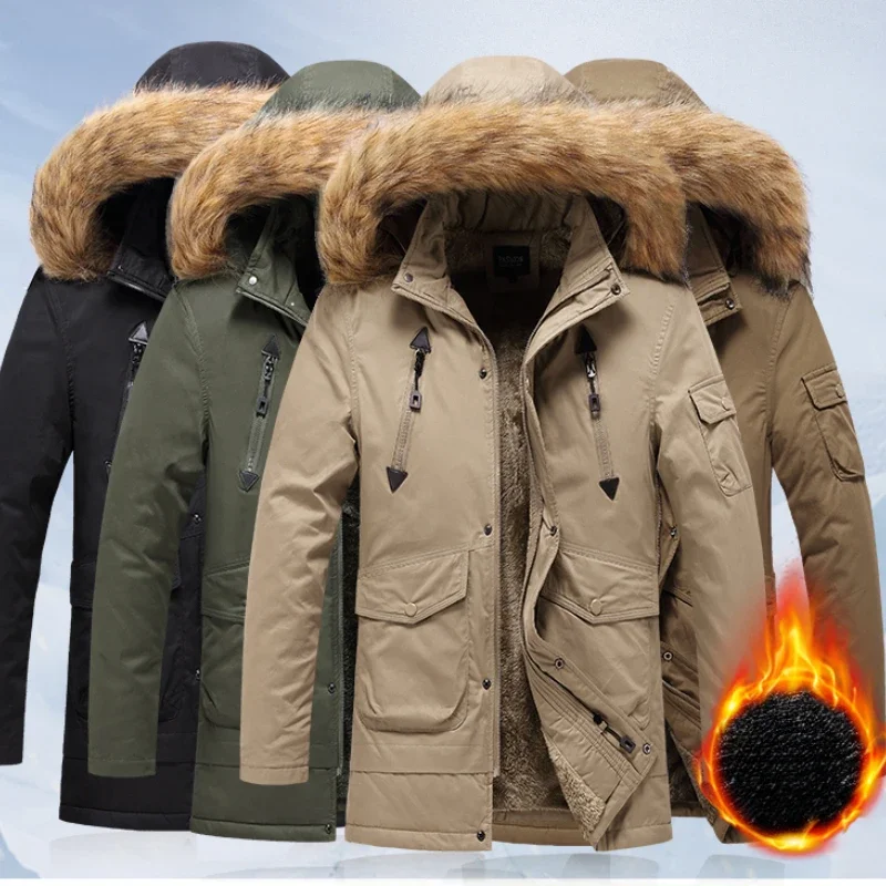 Men's Work Jacket Casual Outdoor Windproof Wear Resistance Lined Lamb Fleece Warm Hooded Parka Autumn Winter Vintage Men's Wear