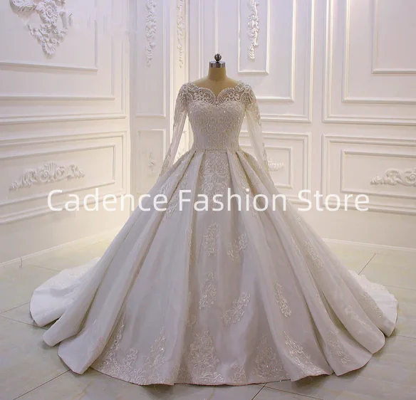 Роскошное белое свадебное платье трапециевидной формы с длинными рукавами и аппликацией из бисера 2025, свадебные платья по индивидуальному заказу