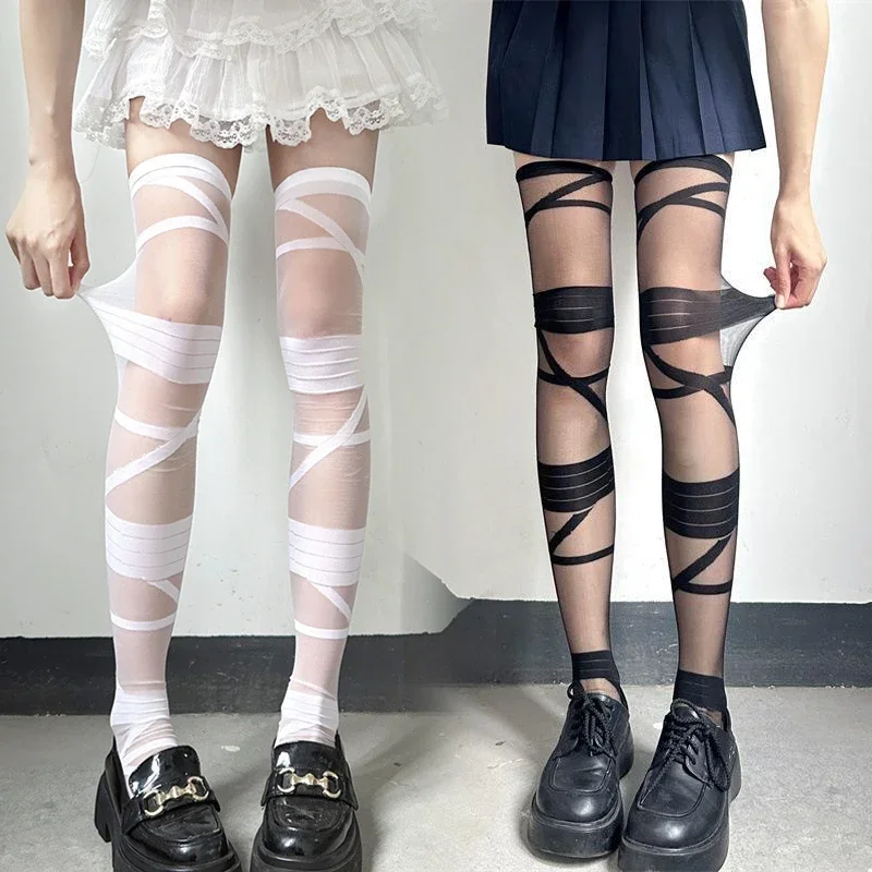 Ultrathin Women Spicy Girl Bandage Stripe Long Stockings Female Japanese Lolita Jk Y2k Sexy Summer Cross Tube White Stockings