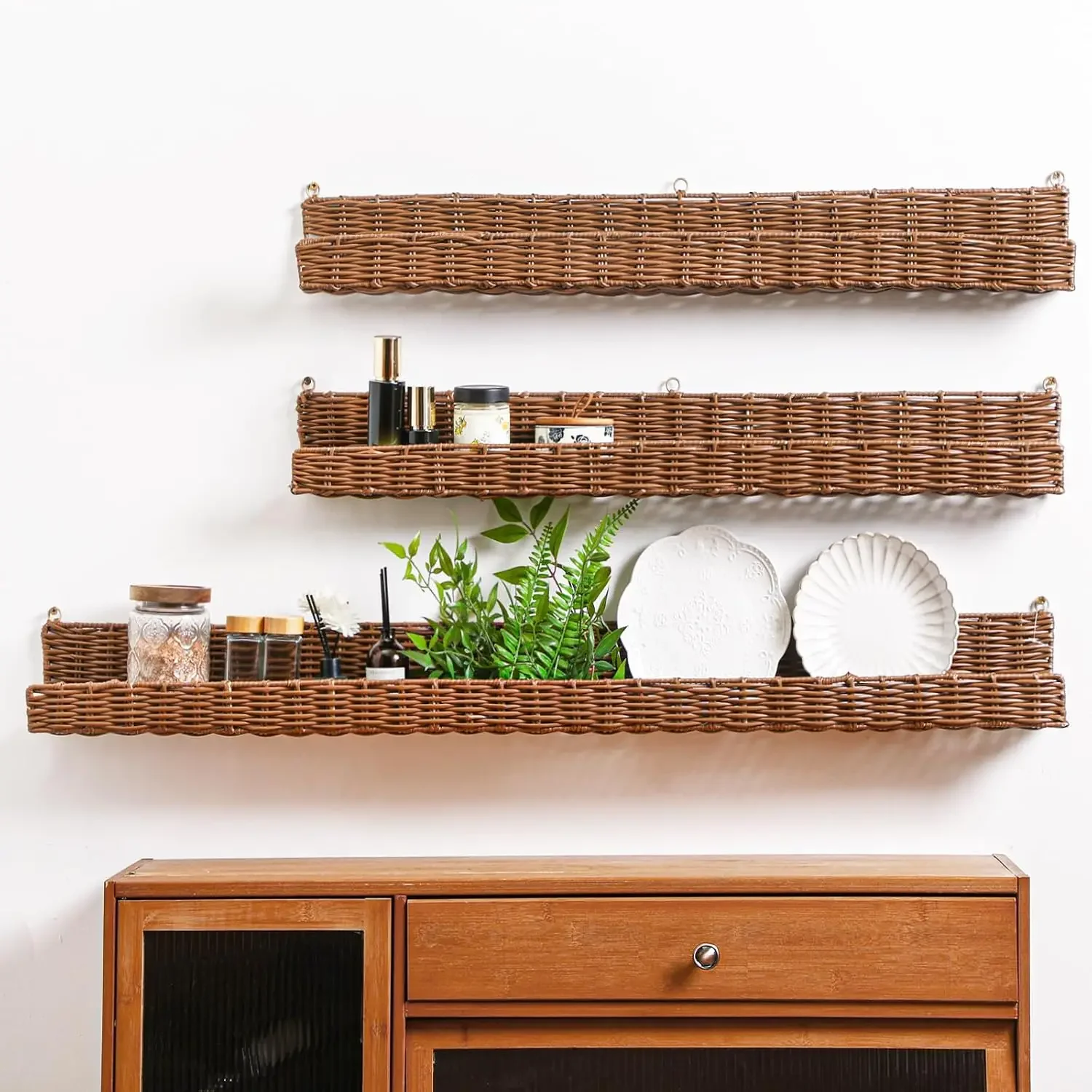 GlikCeil 3 Pcs Floating Shelves for Wall Long, 48 Inch & 35 Inch Rattan Wall Bookshelf for Bedroom Books, Boho Rustic Wicker Han