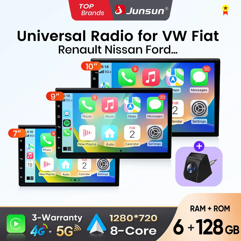 Junsun 7 9 10-calowe uniwersalne radio samochodowe z bezprzewodowym CarPlay i Android Auto, nawigacja multimedialna stereo do VW, Fiata, Renault, Nissana, Hyundai