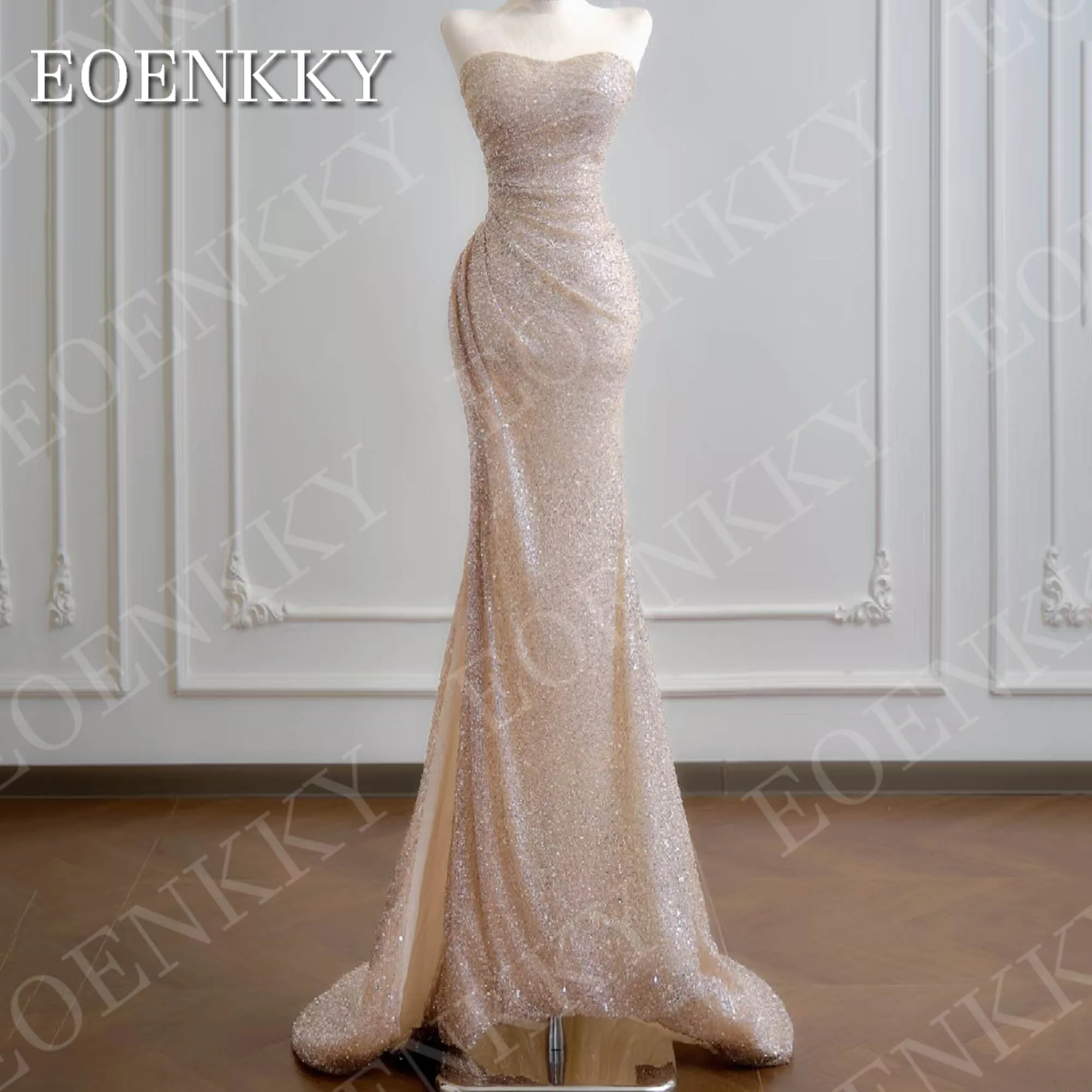 

EOENKKY Champagne Evening Dresses Sparkly Mermaid Style Sexy Sequin Strapless Party Dress Customized فساتين للمناسبات الخاصة